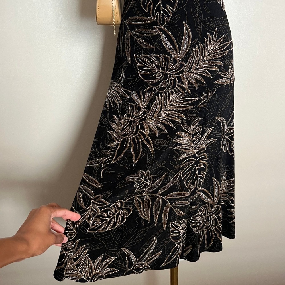 Chico's Travelers Black Bronze Metallic Tropical Leaf Print sling Dress Size L - Picture 5 of 9